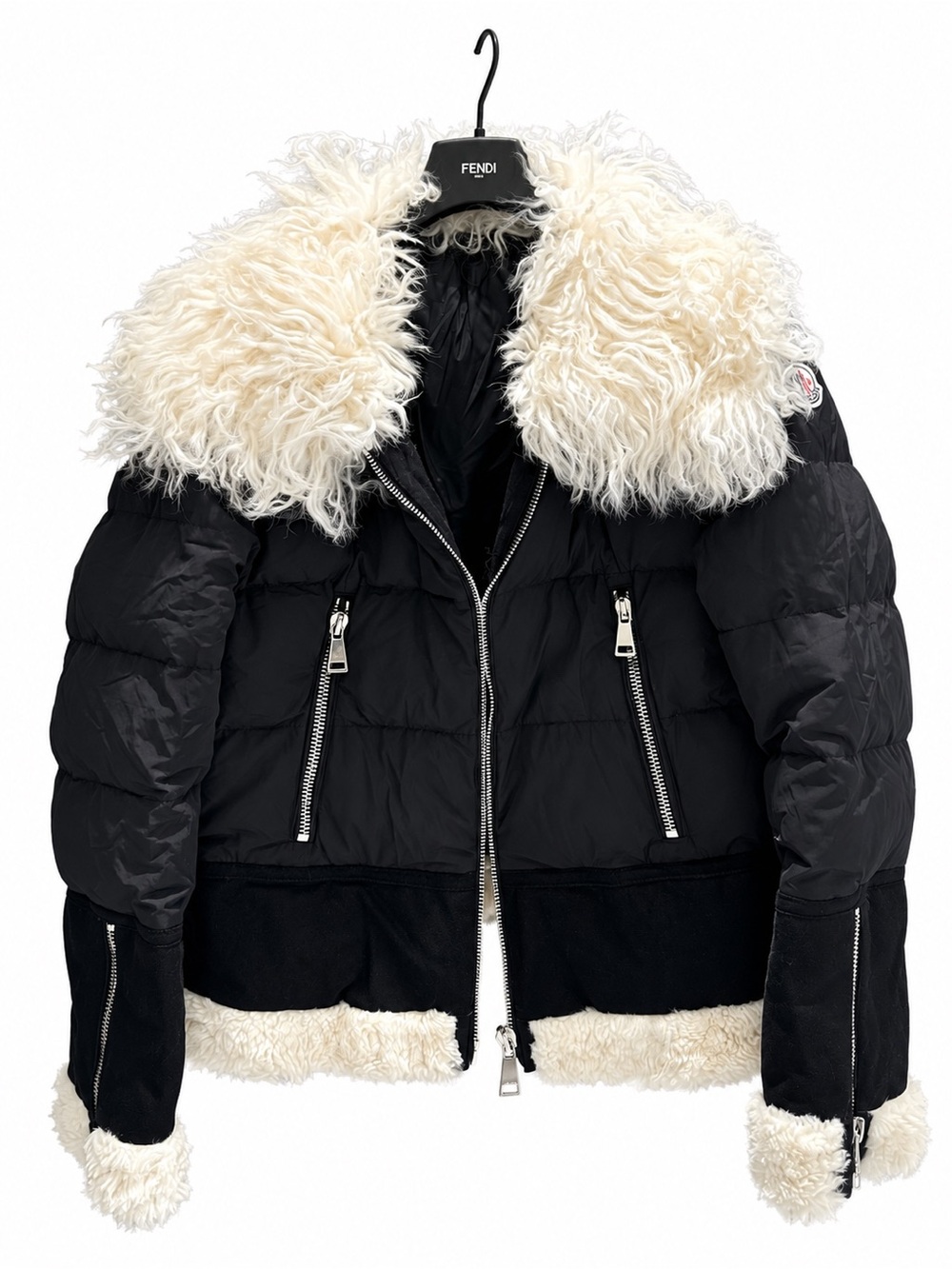 Moncler Black Puffer Jacket with Cream Shearling Collar